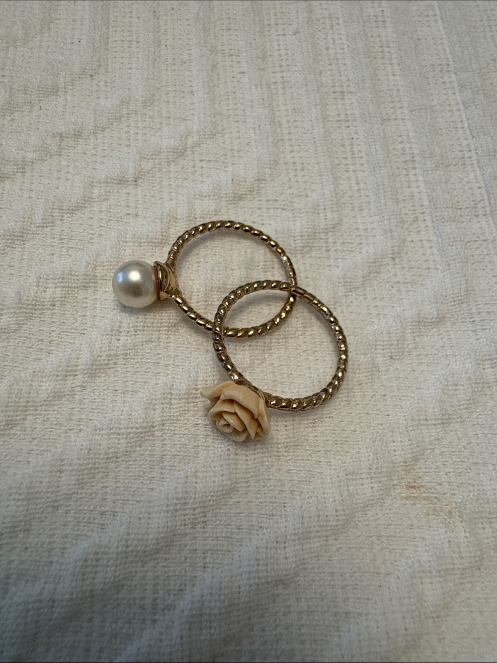 Gold-Tone Double Ring Set with Pearl and Cream Rose Accent
